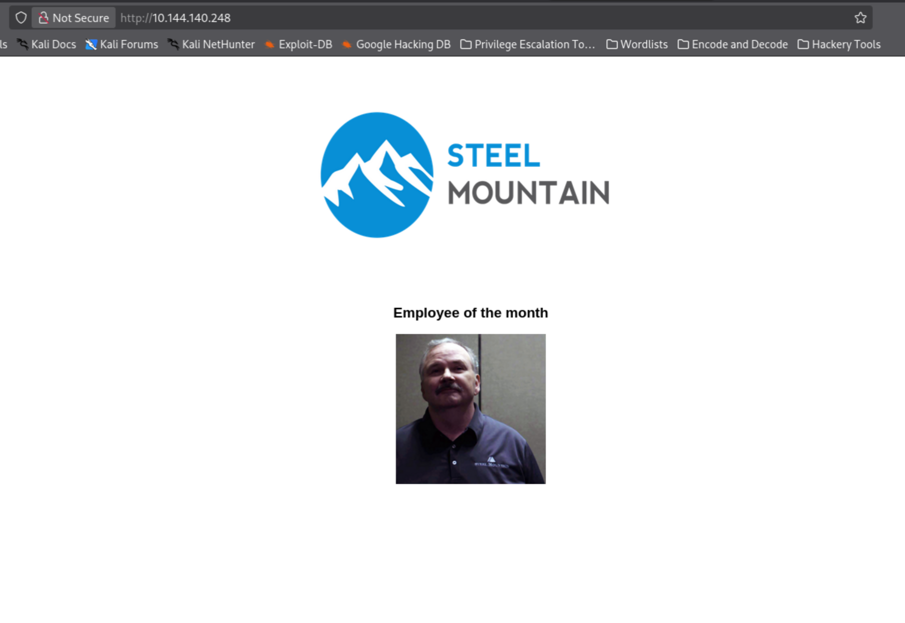 Steel Mountain homepage showing Bill Harper as Employee of the Month